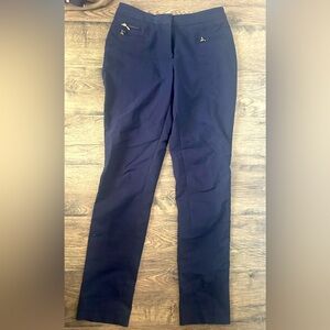H&M navy blue straight leg slacks work office pants size 4 gold zipper